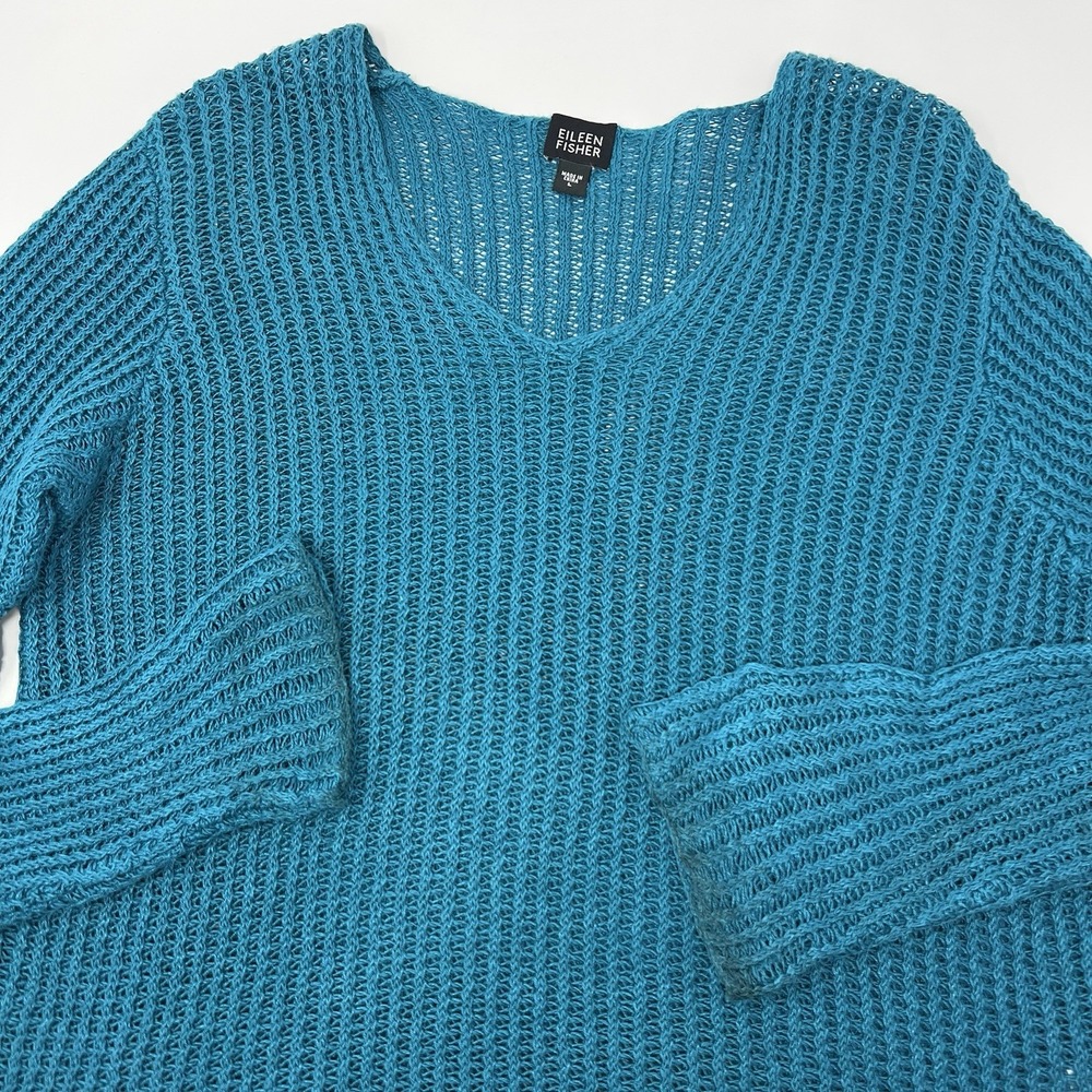 Eileen Fisher Open‎ Knit Linen Sweater Blue Size Large Italian Yarn Long Sleeve